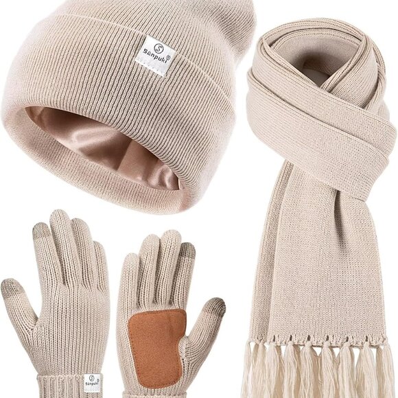 Trendy Women's Satin Lined Winter Beanie, Scarf & Touchscreen Gloves Set - Beige - Picture 1 of 7